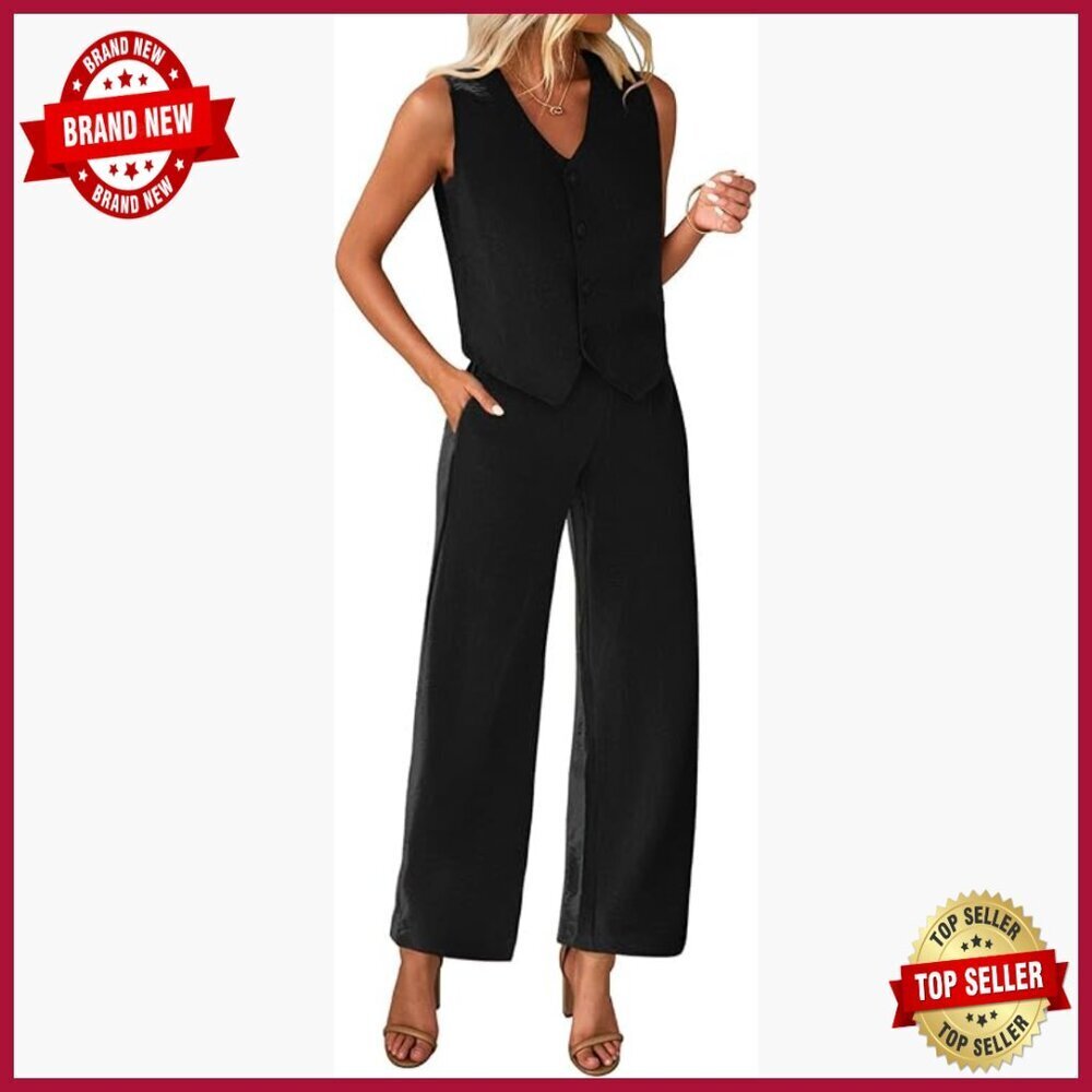 Women's Two Piece Suit Set V-Neck Crop Vest Wide Leg Pants Business Casual